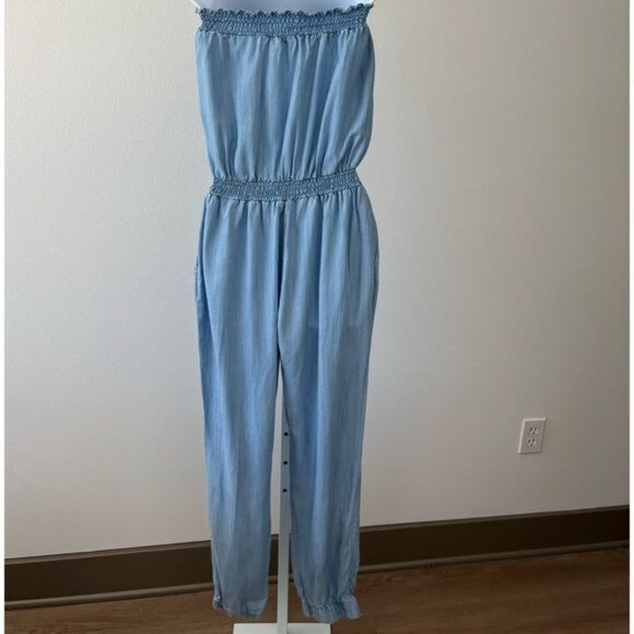 American Rag Jumpsuit Large Strapless Chambray Pocket Festival Boho-Chic Coastal - Picture 4 of 12